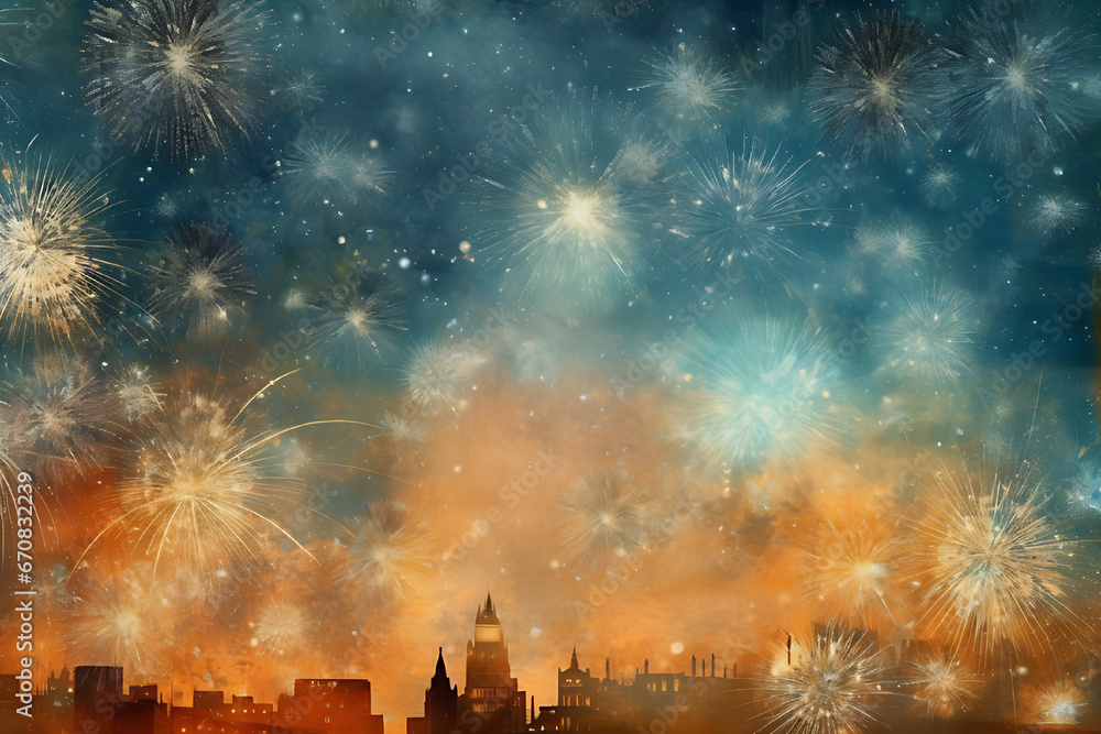 Golden background with fireworks filling the sky above urban buildings, christmas, new year concept.
