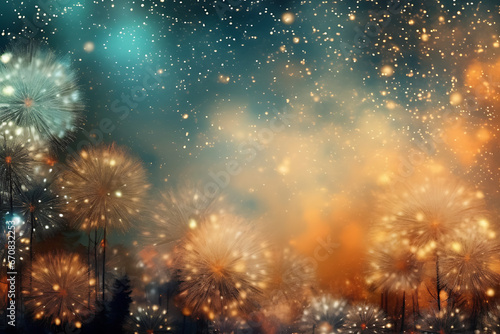 Golden background with fireworks filling the sky above urban buildings, christmas, new year concept.