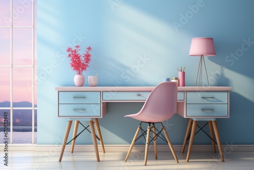 Pastel blue office desk with a sleek pastel pink chair, creating a calming and modern workspace, Generative AI