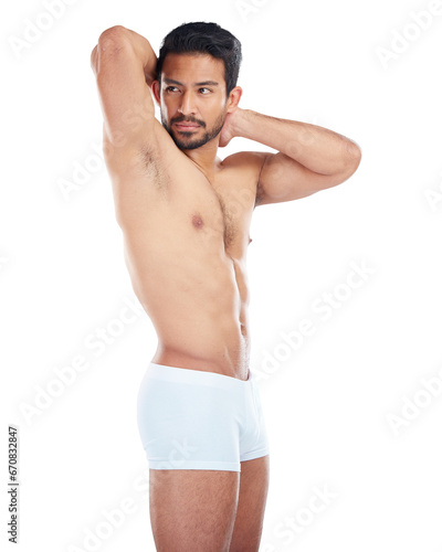 Thinking, underwear and man with fitness, body and png with exercise isolated against a transparent background. Male person, bodybuilding and sexy model with workout, wellness and healthy with ideas