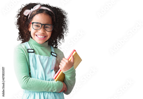 Portrait, child and happy student with books for education, study or learning isolated on a transparent png background. Face, glasses and school girl, nerd or geek with notebook for reading knowledge photo