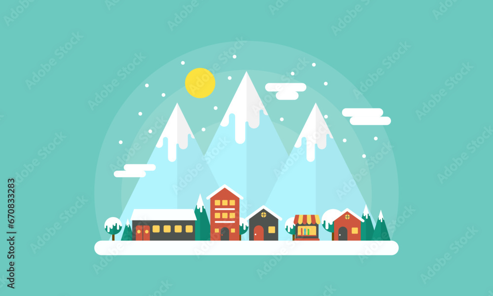 Snowy Landscape Ski Resort. Vector Illustration Night in Mountains. Flat Design Style Winter Background