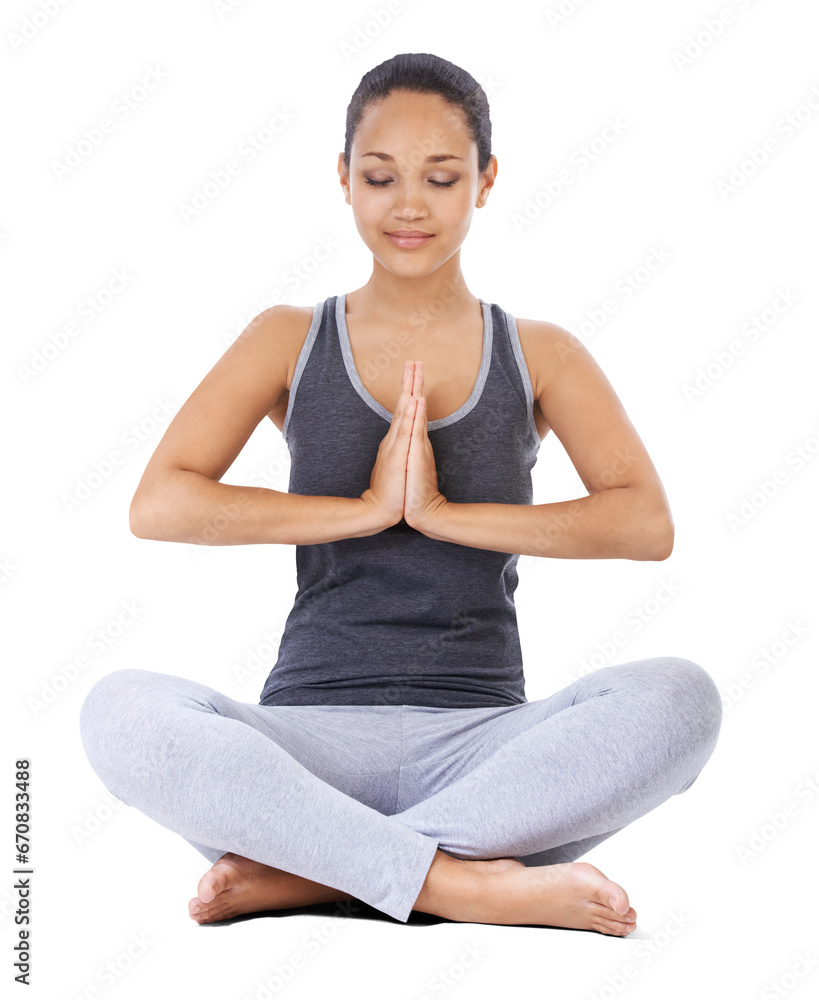 Calm woman, yoga and relax in meditation for zen or spiritual wellness isolated on a transparent PNG background. Female person yogi mindfulness in namaste pose for health, workout or body fitness Calm woman, yoga and relax in meditation for zen or spiritual wellness isolated on a transparent PNG background. Female person yogi mindfulness in namaste pose for health, workout or body fitness