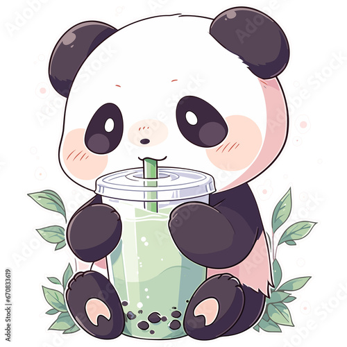 Panda drinks Boba Bubble Tea Kawaii Chibi transparent Background