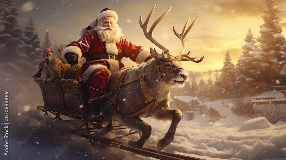 Rendering Santa flies his reindeer drawn sleigh against snow covered trees winter. AI generated - obrazy, fototapety, plakaty 
