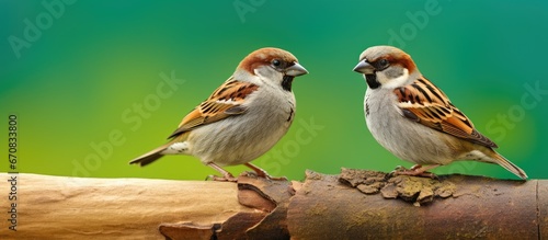 A log with a green background serves as a perch for a Male on the left and Female on the right House Sparrows scientific name Passer domesticus