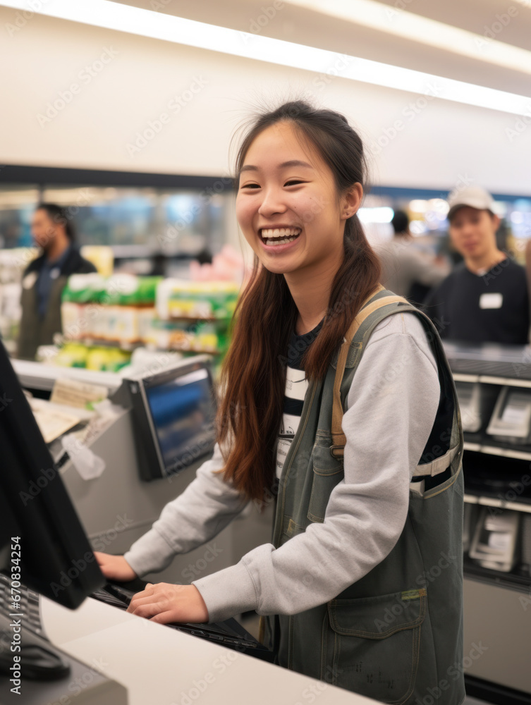 Happy AsiAn-American female supermarket clerk Happy AsiAn-American female supermarket clerk