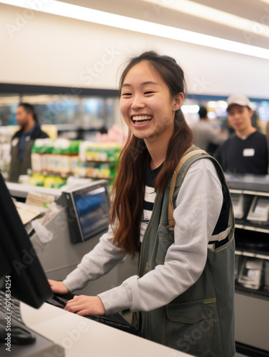 Free Download Happy AsiAn-American female supermarket clerk - GFXLoad
