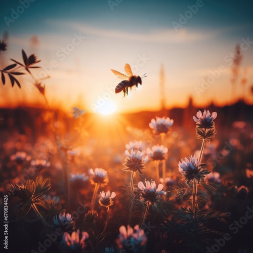 A bee flying over a field of flowers at sunset