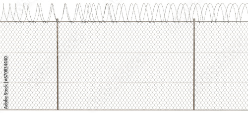A wire mesh lattice forms the basis of the barrier, enhanced with barbed wire on the top to prevent unauthorized climbing attempts.