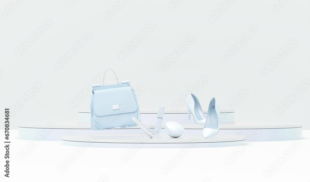 Flying woman's accessories bag, high heels, cosmetic and lipsticks with podium pastel blue colors background . 3d rendering, concept for shopping and lady
