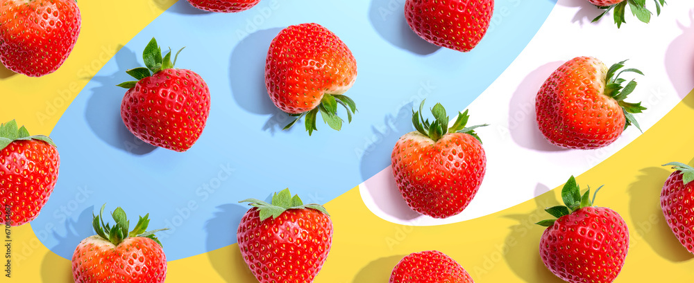 Fresh red strawberries overhead view - flat lay Fresh red strawberries overhead view - flat lay