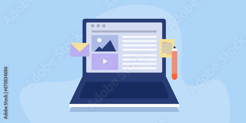 Digital text and visual content creation and publishing on internet blog, e-business marketing strategy, email and website on laptop screen, vector illustration banner.