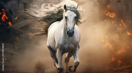 White horse running on dust fantasy background. AI generated image © saifur