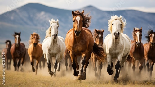 Horse herd running in dust against dramatic background. AI generated image photo