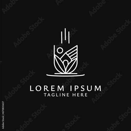 A simple and minimalist cafe or coffee shop logo design in line art style with a combination of leaf, house and coffee cup logos