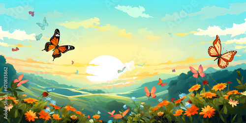 Butterfly field with mountain and sky background
