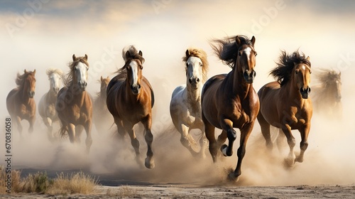 Horse herd running in dust against dramatic background. AI generated image © saifur