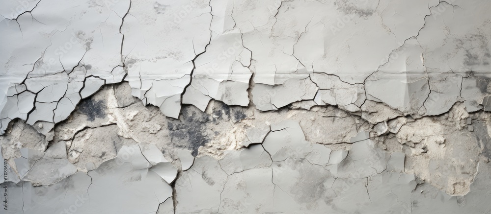 Buildings destruction caused by a crack in a gray wall - obrazy, fototapety, plakaty 