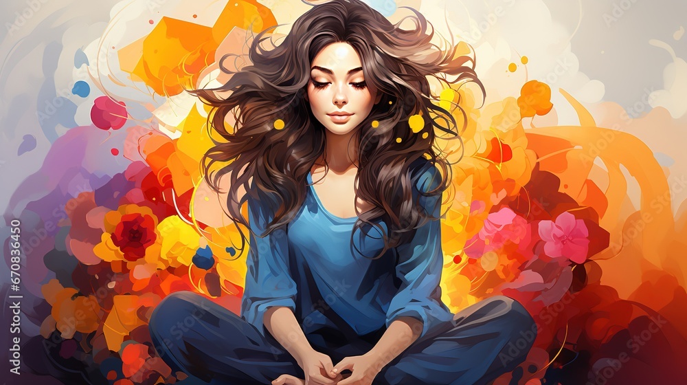 A woman with loose hair sits in a meditative pose with her eyes closed and experiences the state of Nervana, caught Zen A woman with loose hair sits in a meditative pose with her eyes closed and experiences the state of Nervana, caught Zen