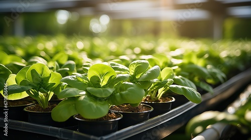 Green fresh natural lettuce plant seedlings growing in an environmentally friendly greenhouse photo