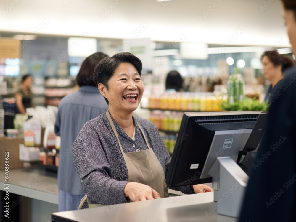 Happy AsiAn-American female supermarket clerk Happy AsiAn-American female supermarket clerk
