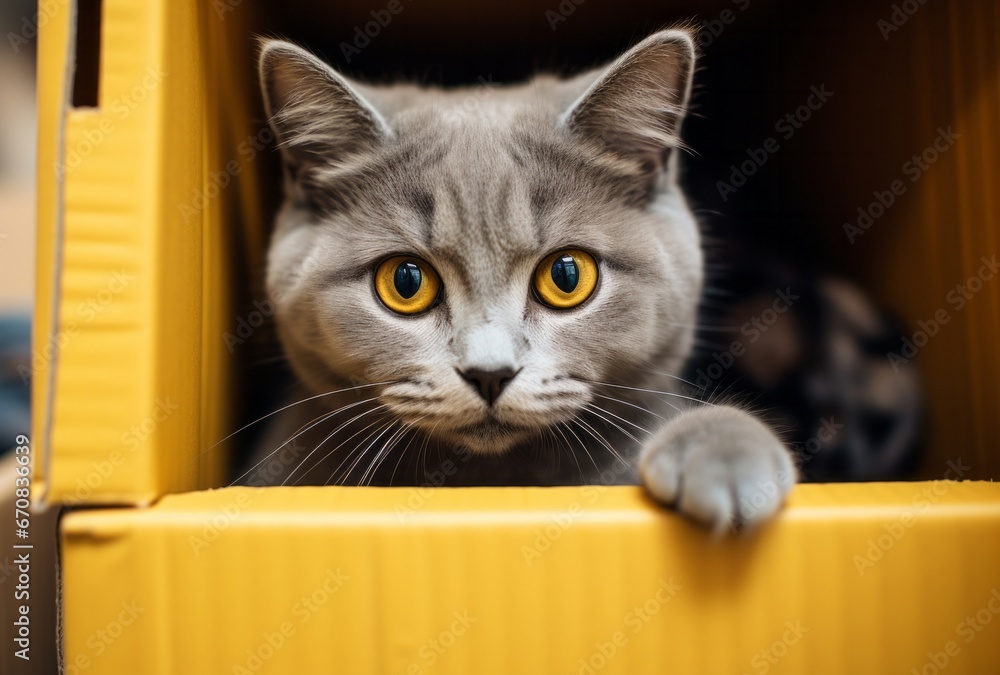 A grey cat with yellow eyes peeking out of a yellow box. A Curious Grey Cat Peeking Out of a Sunny Yellow Box A grey cat with yellow eyes peeking out of a yellow box. A Curious Grey Cat Peeking Out of a Sunny Yellow Box