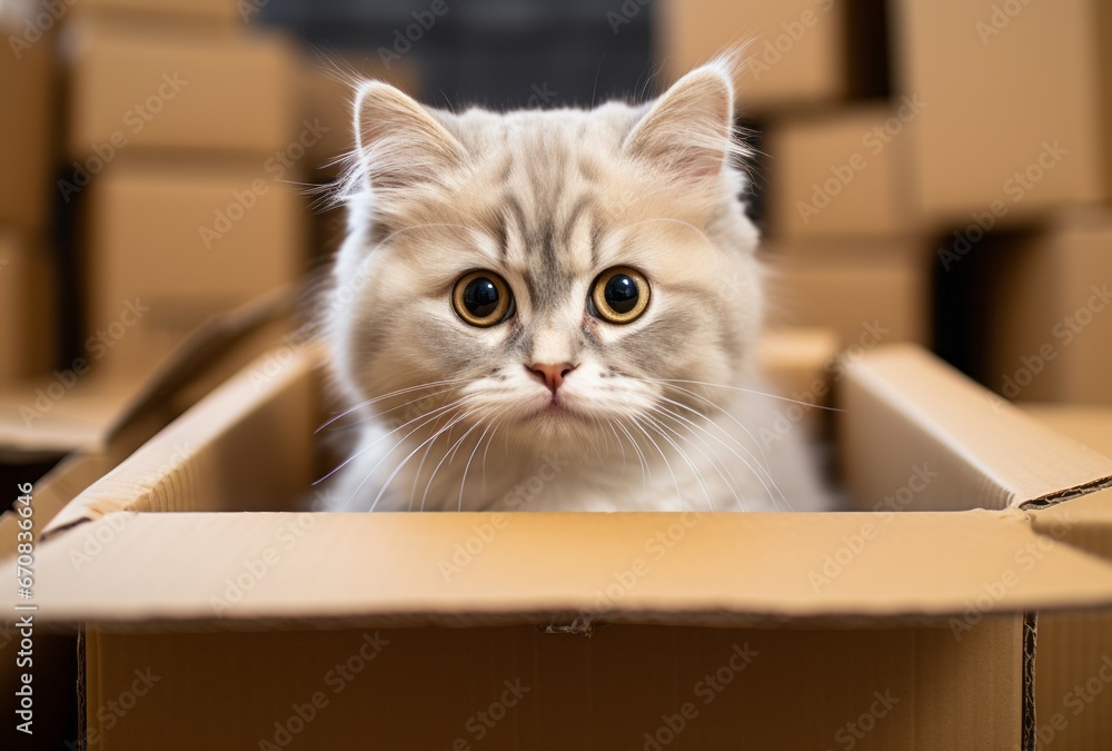 A cat sitting inside of a cardboard box. A Feline Friend in a Cozy Hideaway A cat sitting inside of a cardboard box. A Feline Friend in a Cozy Hideaway