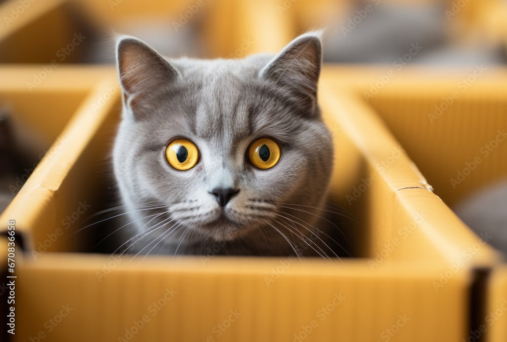 A grey cat with yellow eyes sitting in a cardboard box. A Serene Feline in a Cozy Hideaway