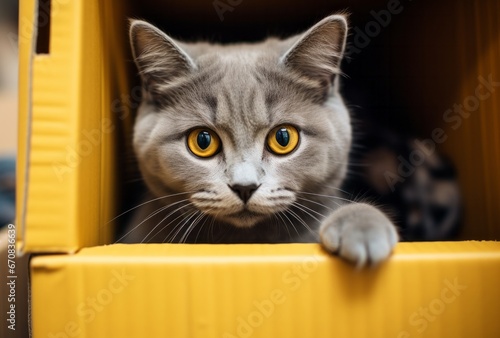 A grey cat with yellow eyes peeking out of a yellow box. A Curious Grey Cat Peeking Out of a Sunny Yellow Box © AI Visual Vault