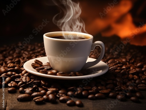 Close-up of a hot smoky white coffee cup with coffee beans and a warm light scene