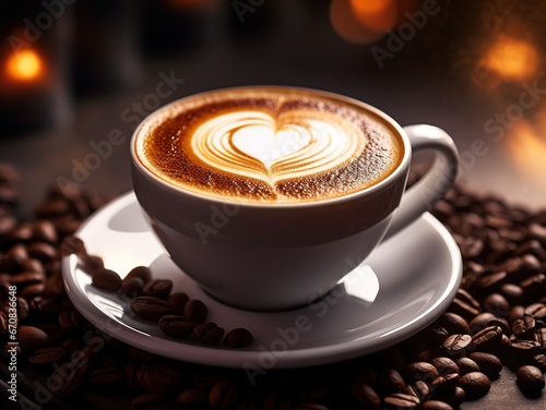 Close-up of hot coffee decorated with heart-shaped milk froth against the backdrop of coffee beans and warm sunlight