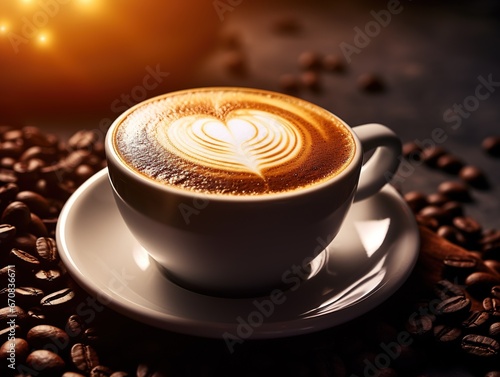 Close-up of hot coffee decorated with heart-shaped milk froth against the backdrop of coffee beans and warm sunlight