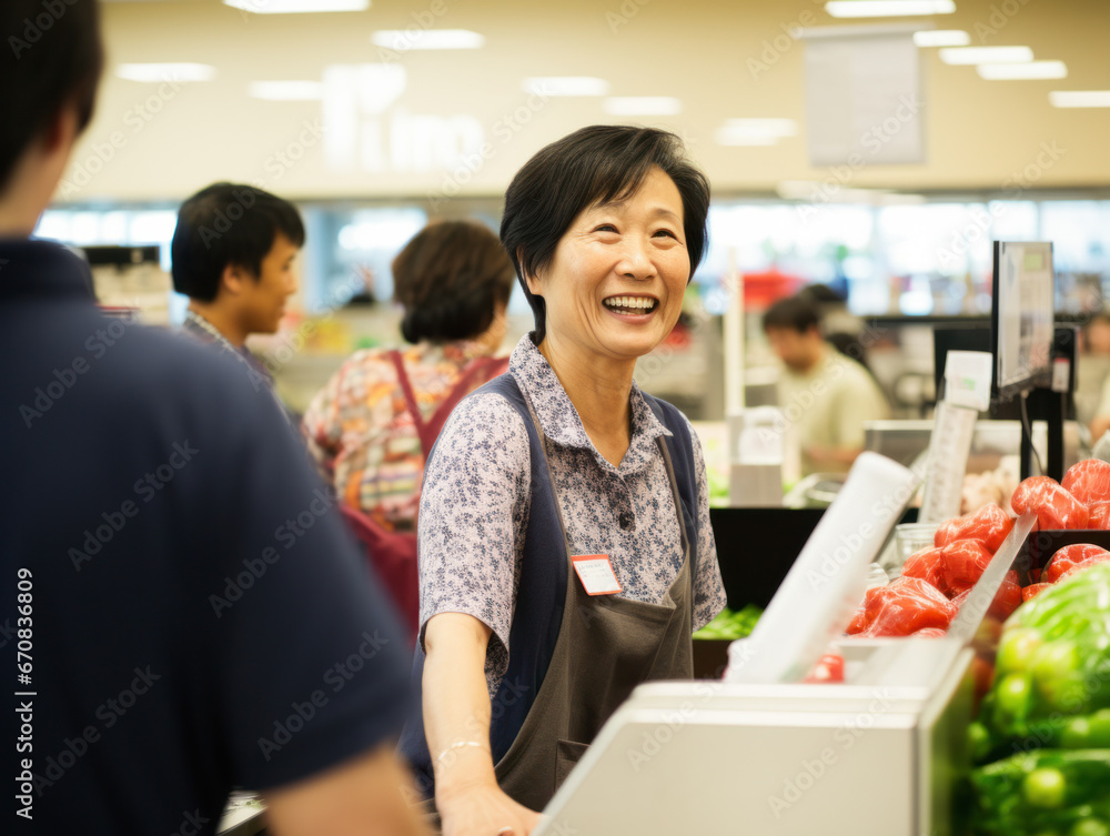 Happy AsiAn-American female supermarket clerk Happy AsiAn-American female supermarket clerk