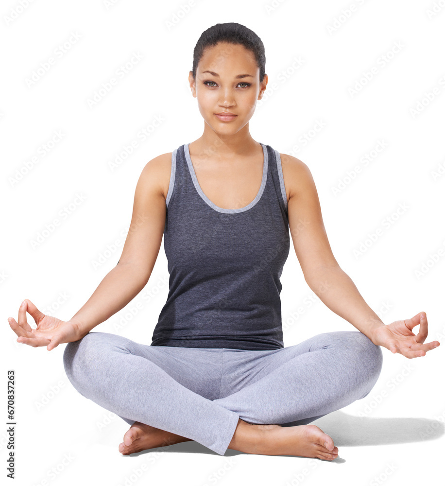 Woman, portrait and yoga in relax for meditation, zen or spiritual wellness isolated on a transparent PNG background. Calm female person or yogi in lotus for healthy mind, body and fitness exercise Woman, portrait and yoga in relax for meditation, zen or spiritual wellness isolated on a transparent PNG background. Calm female person or yogi in lotus for healthy mind, body and fitness exercise