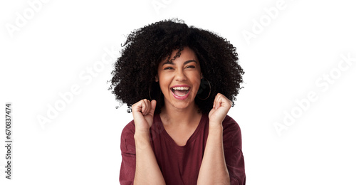 Winning, happy and portrait of a woman with excited, wow and omg expression for winning or success. Smile, excited and headshot of female model with wow gesture isolated by transparent png background