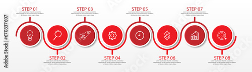 8 step infographic, simple infographic design consisting of eight interrelated parts, circle design combined with lines, icons and colors, good for your business presentation