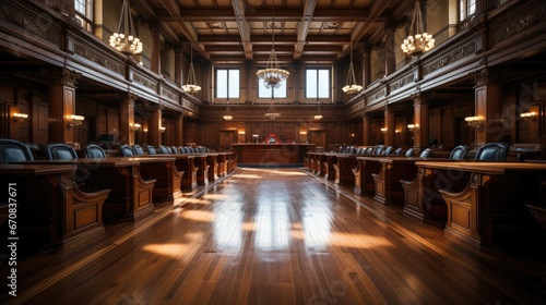 Courtroom for judicial hearings, concept of justice and compliance with laws, legislative power and courthouse photo