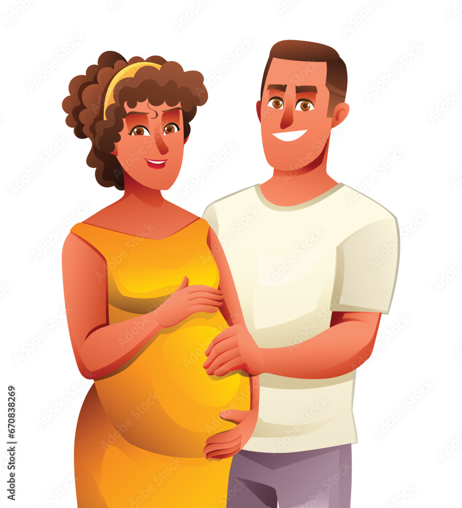Fototapeta premium Happy pregnant woman hugging her belly with her husband, expecting for baby concept. Vector cartoon illustration