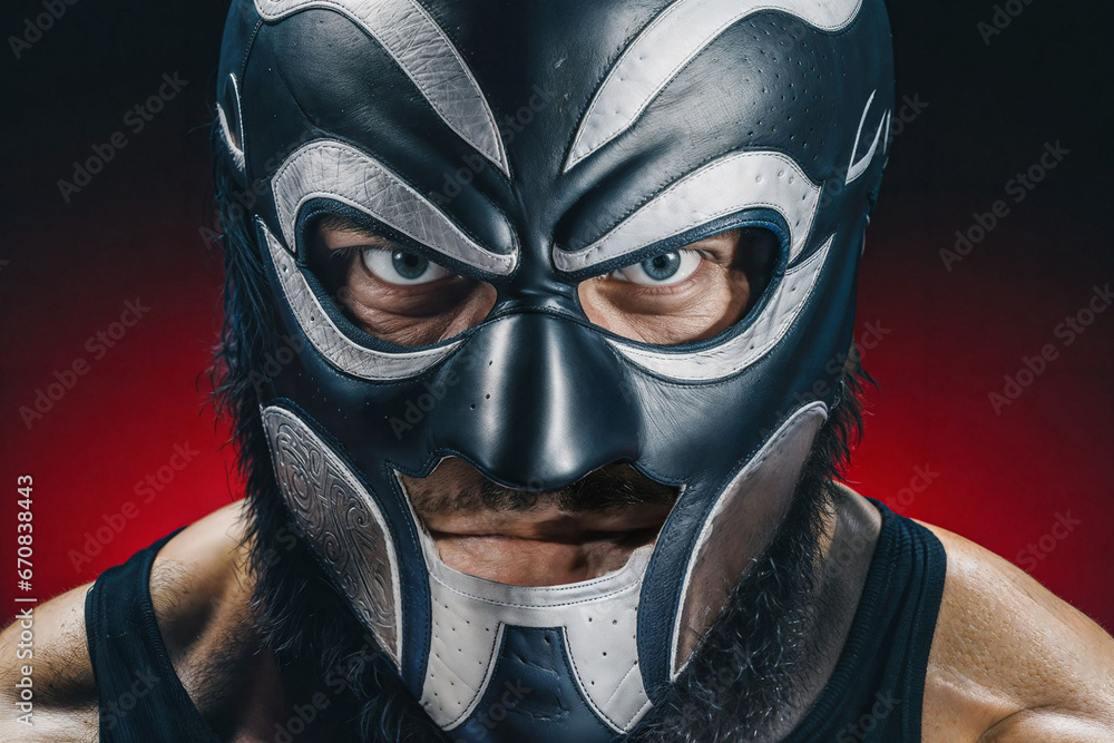 Close-up of a black masked professional wrestler's face Close-up of a black masked professional wrestler's face