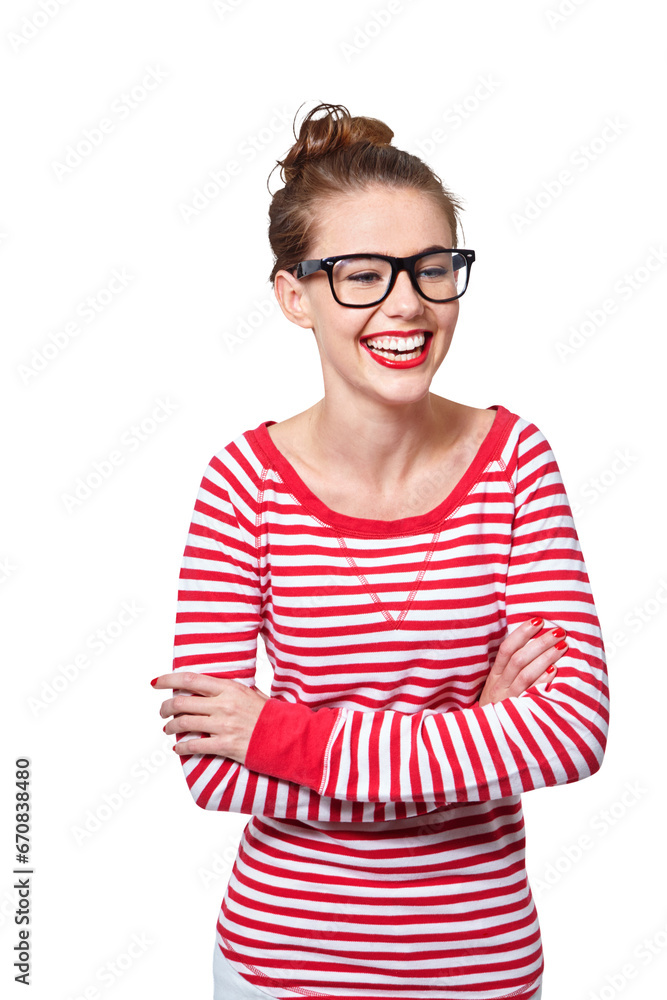 Fashion, funny and study with woman and glasses on png for nerd, education or youth. Happy, smart and style with face of student laughing isolated on transparent background for confidence and hipster Fashion, funny and study with woman and glasses on png for nerd, education or youth. Happy, smart and style with face of student laughing isolated on transparent background for confidence and hipster