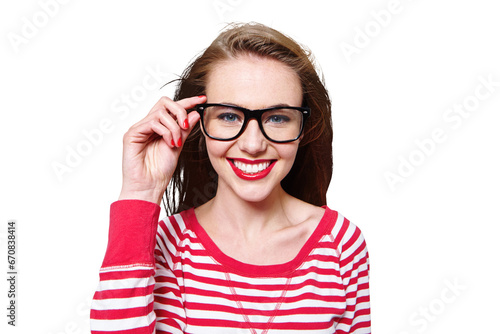 Fashion, glasses and nerd with portrait of woman on png for study, education and youth. Happy, smart and style with face of student isolated on transparent background for confidence and hipster