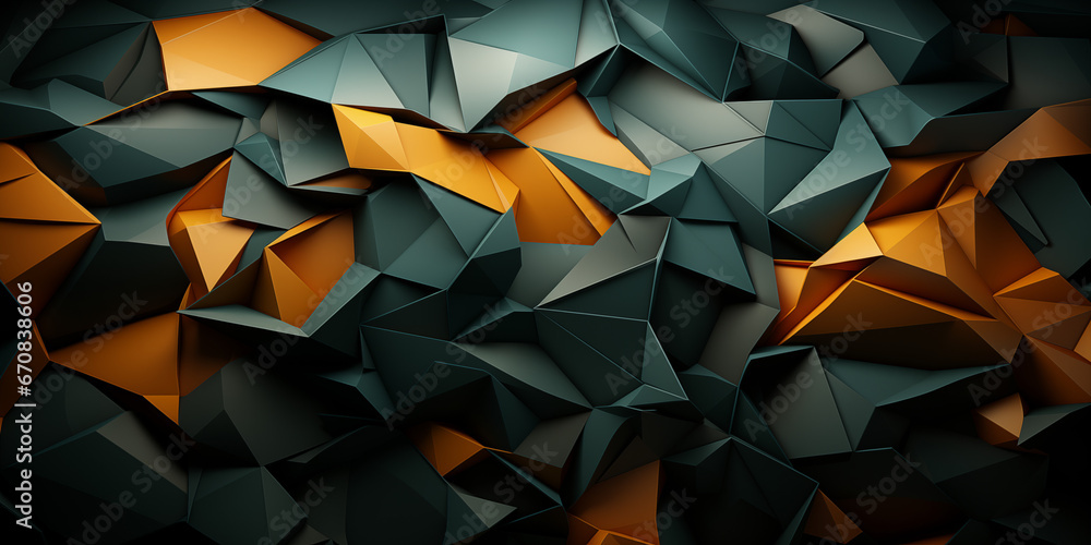 Geometrische Dreiecke und Elemente in dunklen Farben als Hintergrundmotiv für Webdesign im Querformat für Banner, ai generativ