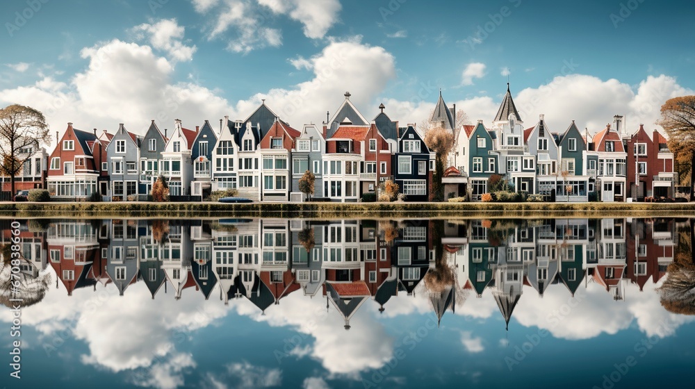 Fototapeta premium Casas de estilo holandés reflejadas en un lago. Cielo azul con nubes blancas