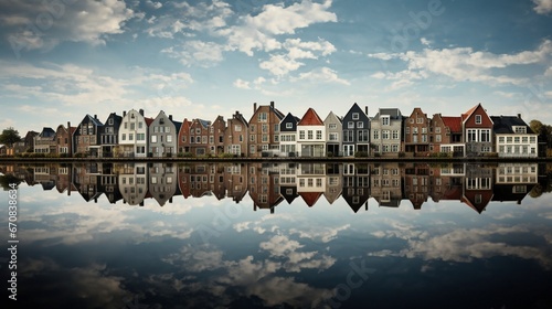 Barrio holandés con las casas reflejadas en el agua de un lago. Cielo azul con nubes blancas