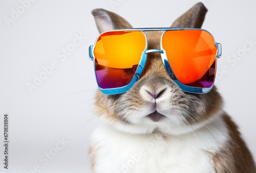 A rabbit wearing a pair of colourful sunglasses. A Stylish Rabbit with Vibrant Shades