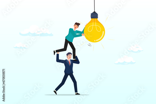 Businessman help support coworker to turn on light bulb, partnership to success together, teamwork help get solution to solve problem, support to togetherness, collaboration and cooperation (Vector)