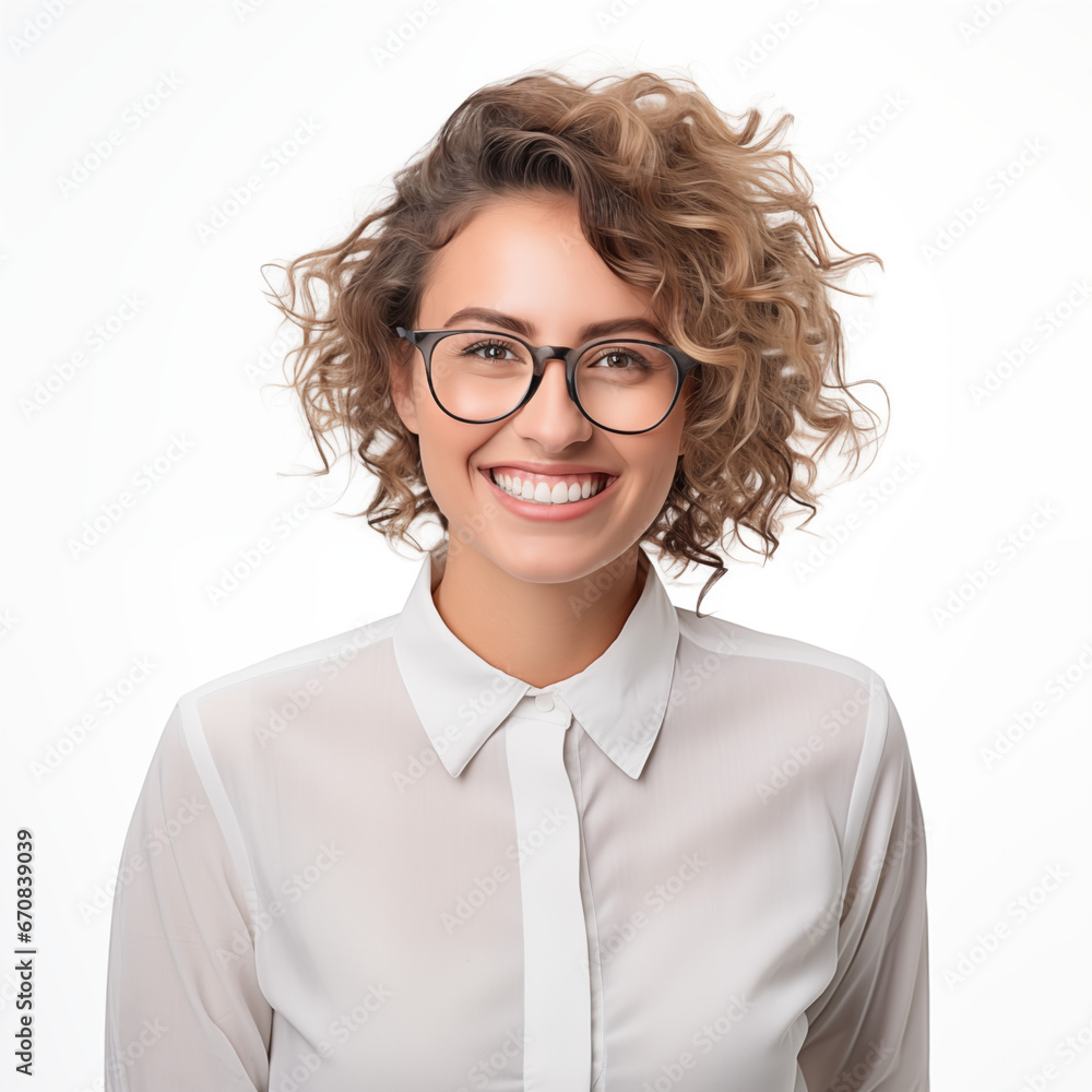 portrait of a smiling business woman with glasses, white background