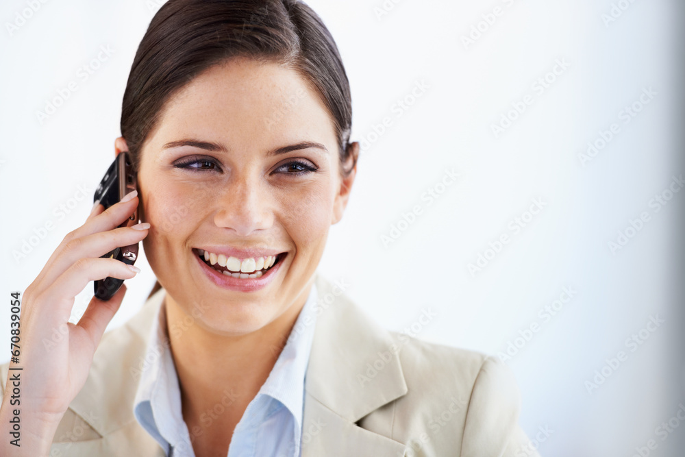 Smile, phone call and business woman in office with space for networking, chat or communication on white background. Smartphone, conversation or happy lady entrepreneur talking, consulting or contact Smile, phone call and business woman in office with space for networking, chat or communication on white background. Smartphone, conversation or happy lady entrepreneur talking, consulting or contact
