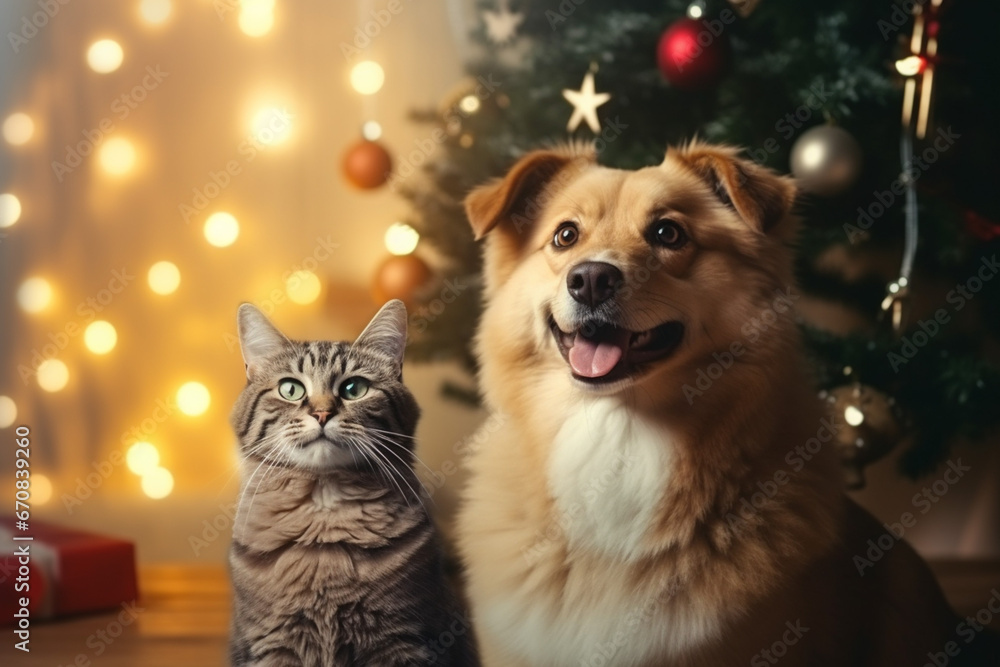 Home for the Holidays. Dog and Cat's Christmas Fun with Tree Lights Home for the Holidays. Dog and Cat's Christmas Fun with Tree Lights